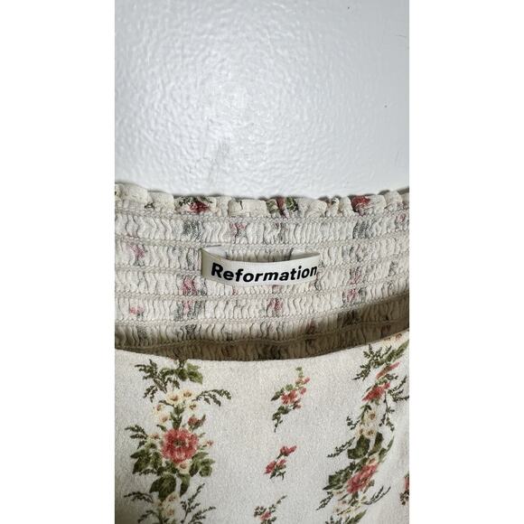 Reformation Ariana Ivory Floral Smocked Square Neck Tie-Sleeve Blouse Top Size 0 - Picture 6 of 11